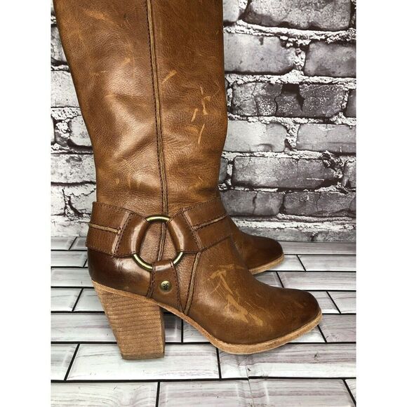 Frye Tan Brown Leather Harness Side Zipper Heel Boots Women Sz 6M US/37EU - Picture 3 of 15